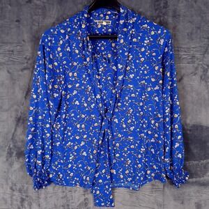 Pleione Blouse Womens Large Blue Floral Tie Neck Long Sleeve Boho Top Print